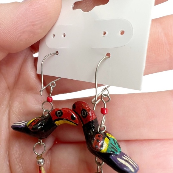 Toucan Tropical Bird & Feather Wooden Pierced Earrings - Picture 6 of 6